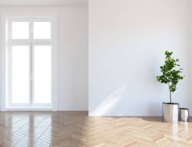 Boş İskandinav odası iç ahşap zemin üzerinde bitki ile fikir. Ev nordic iç. 3D çizim - illüstrasyon