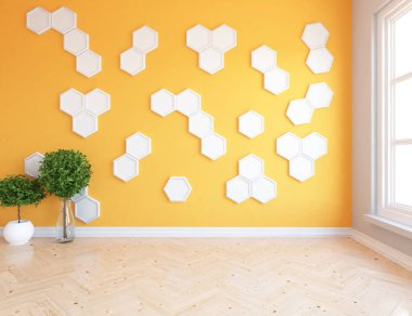 Boş İskandinav odası iç ahşap zemin üzerinde bitkiler ile fikir. Ev nordic iç. 3D çizim - illüstrasyon