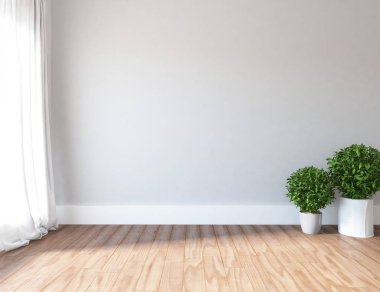 Boş İskandinav odası iç ahşap zemin üzerinde bitkiler ile fikir. Ev nordic iç. 3D çizim - illüstrasyon