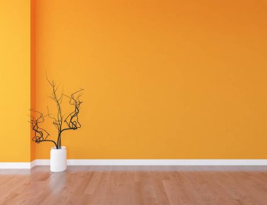 Boş İskandinav odası iç ahşap zemin üzerinde bitki ile fikir. Ev nordic iç. 3D çizim - illüstrasyon