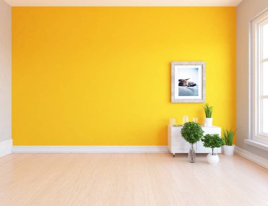 Büyük duvardaki fikir boş İskandinav oda iç ile komidin ve tesisleri ile ahşap zemin ve resim. Ev nordic iç. 3D çizim   