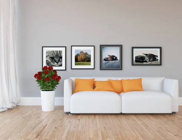 Představu Interiéru Skandinávský Obývacího Pokoje Pohovkou Rostlin Dřevěné Podlahy Domácí — Stock fotografie