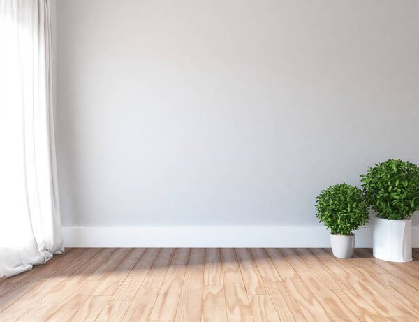 Idea of empty scandinavian room interior with plants on wooden floor  . Home nordic interior. 3D illustration - Illustration