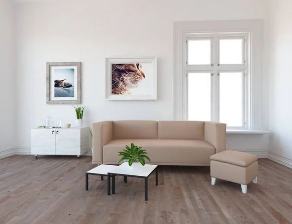 Představu Interiéru Skandinávskou Obývacího Pokoje Pohovkou Rostliny Dřevěné Podlahy Domácí — Stock fotografie