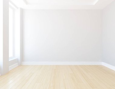 Boş İskandinav odası iç ahşap zemin ile fikir. Ev nordic iç. 3D çizim - illüstrasyon