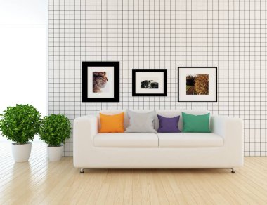 İskandinav oturma odası iç kanepe, bitki ve ahşap zemin ile fikir. Ev nordic iç. 3D çizim 