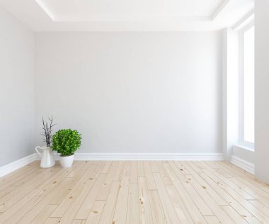 Boş İskandinav odası iç ahşap zemin üzerinde bitkiler ile fikir. Ev nordic iç. 3D çizim - illüstrasyon