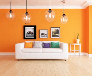 Büyük duvardaki fikir bir İskandinav oturma odası iç kanepe ve resimlerle ahşap zemin üzerinde dekor. Ev nordic iç. 3D çizim 