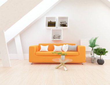 İskandinav oturma odası iç kanepe, bitkiler ve ahşap zemin ile fikir. Ev nordic iç. 3D çizim 