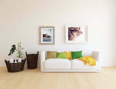 İskandinav oturma odası iç kanepe, bitkiler ve ahşap zemin ile fikir. Ev nordic iç. 3D çizim 