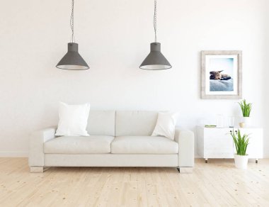 İskandinav oturma odası iç kanepe, bitkiler ve ahşap zemin ile fikir. Ev nordic iç. 3D çizim 