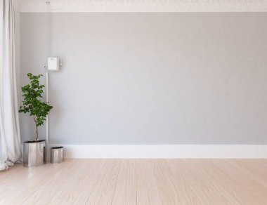 Boş İskandinav odası iç ahşap zemin üzerinde bitki ile fikir. Ev nordic iç. 3D çizim - illüstrasyon