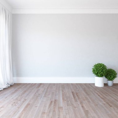 Boş İskandinav odası iç ahşap zemin üzerinde bitkiler ile fikir. Ev nordic iç. 3D çizim - illüstrasyon