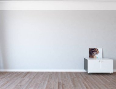 Boş İskandinav odası iç komidin ve ahşap zemin üzerinde resim anlayışı. Ev nordic iç. 3D çizim   