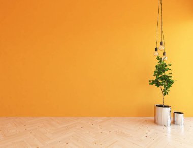 Boş İskandinav odası iç ahşap zemin üzerinde bitki ile fikir. Ev nordic iç. 3D çizim - illüstrasyon