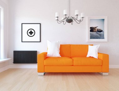 Bir İskandinav oturma odası iç kanepe ahşap zemin üzerinde ve büyük duvar resimleri ile fikir. Ev nordic iç. 3D çizim 