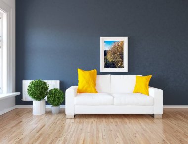 İskandinav oturma odası iç kanepe, bitkiler ve ahşap zemin ile fikir. Ev nordic iç. 3D çizim 