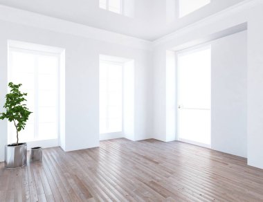 Boş İskandinav odası iç ahşap zemin üzerinde bitki ile fikir. Ev nordic iç. 3D çizim - illüstrasyon