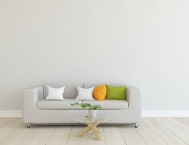 İskandinav oturma odası iç kanepe, bitki ve ahşap zemin ile fikir. Ev nordic iç. 3D çizim 