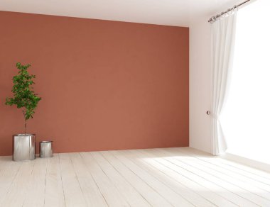 Boş İskandinav odası iç ahşap zemin üzerinde bitki ile fikir. Ev nordic iç. 3D çizim - illüstrasyon