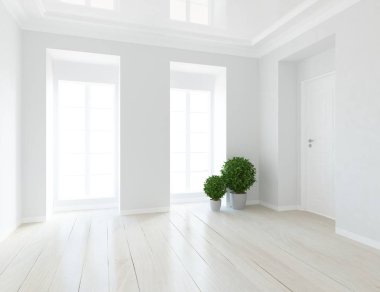 Boş İskandinav odası iç ahşap zemin üzerinde bitkiler ile fikir. Ev nordic iç. 3D çizim - illüstrasyon