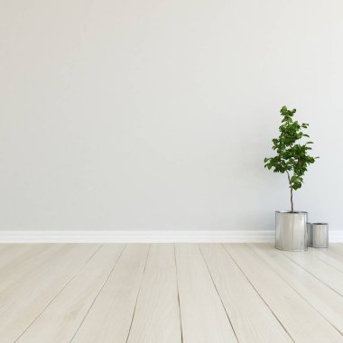 Boş İskandinav odası iç ahşap zemin üzerinde bitki ile fikir. Ev nordic iç. 3D çizim - illüstrasyon