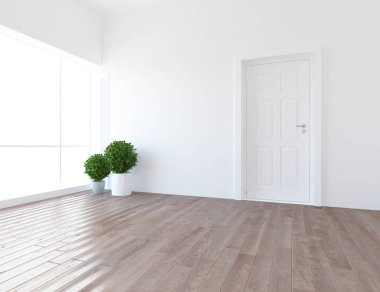 Boş İskandinav odası iç ahşap zemin üzerinde bitkiler ile fikir. Ev nordic iç. 3D çizim - illüstrasyon