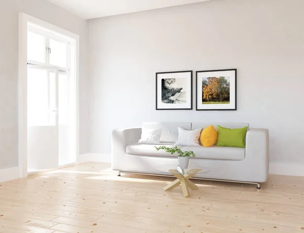 Představu Interiéru Skandinávský Obývací Pokoj Pohovkou Výzdoba Dřevěnou Podlahu Obrázky — Stock fotografie