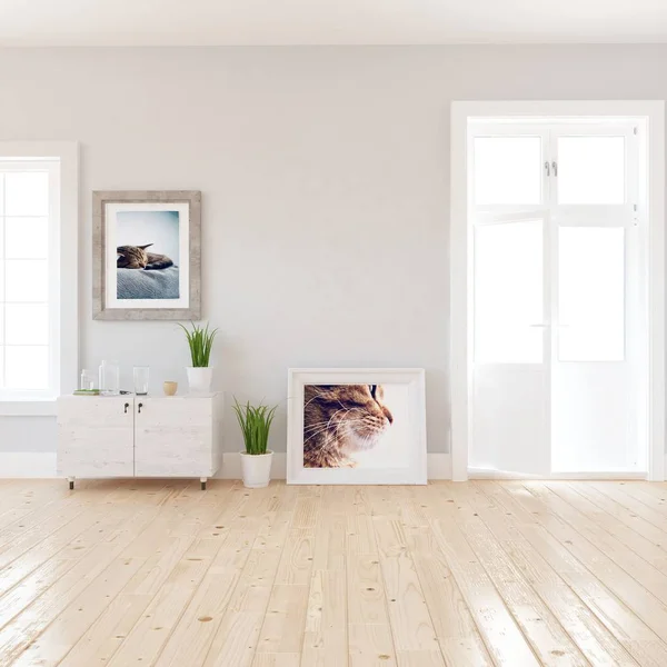 一个白色的斯堪的纳维亚房间内部的想法与梳妆台和植物在木地板上和图片在大墙上 家北欧内饰 — 图库照片