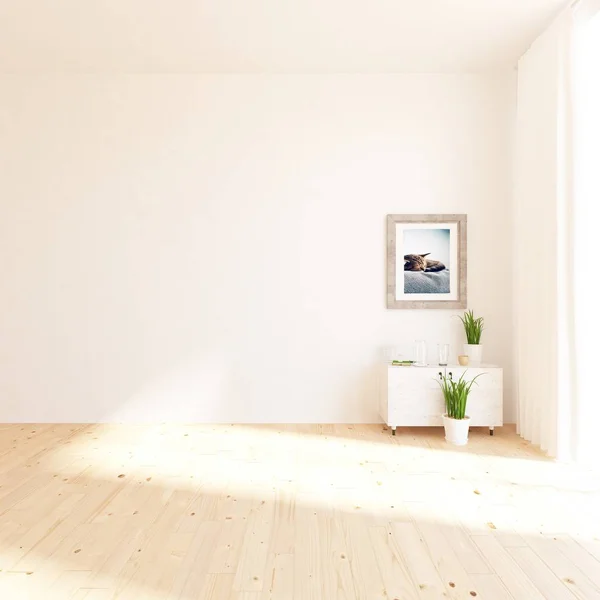 Idea Interno Stanza Scandinava Bianco Con Cassettiera Piante Sul Pavimento — Foto Stock