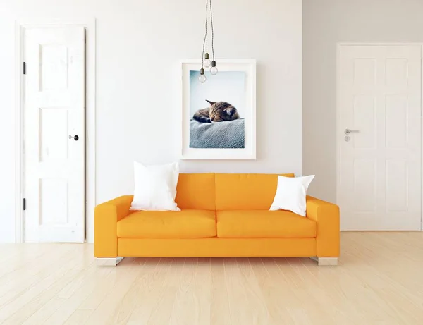 Ide Interior Ruang Tamu Skandinavia Dengan Sofa Lantai Kayu Dan — Stok Foto