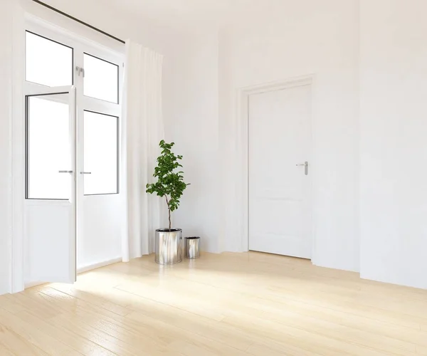 Idea of empty scandinavian room interior with plant on wooden floor  . Home nordic interior. 3D illustration - Illustration