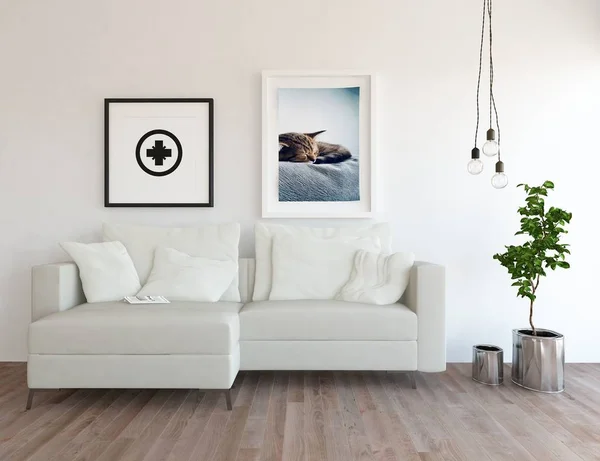 Představu Interiéru Skandinávské Obývacího Pokoje Pohovkou Rostlin Dřevěné Podlahy Domácí — Stock fotografie