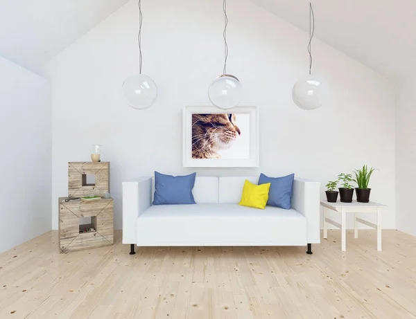 Představu Interiéru Skandinávské Obývacího Pokoje Pohovkou Rostliny Dřevěné Podlahy Domácí — Stock fotografie