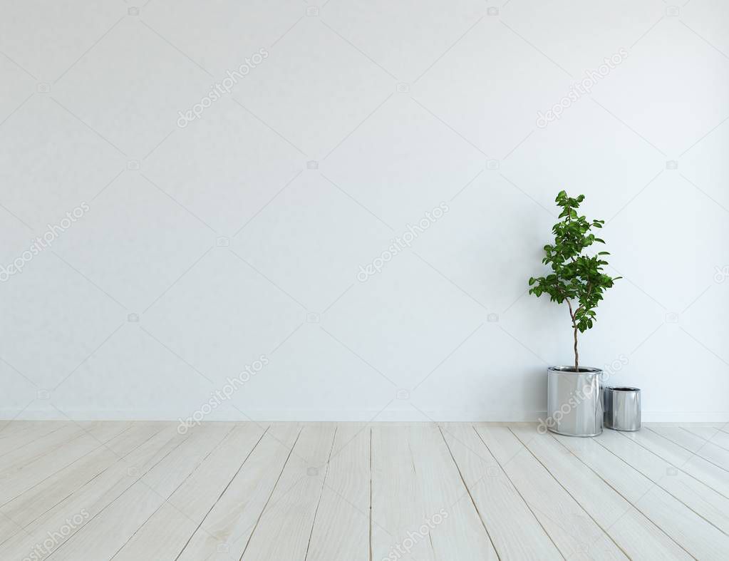 Idea of empty scandinavian room interior with plant on wooden floor  . Home nordic interior. 3D illustration - Illustration