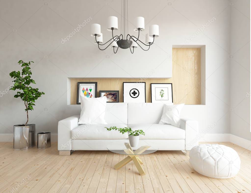 Idea of scandinavian living room interior with sofa ,plants and wooden floor  . Home nordic interior. 3D illustration 