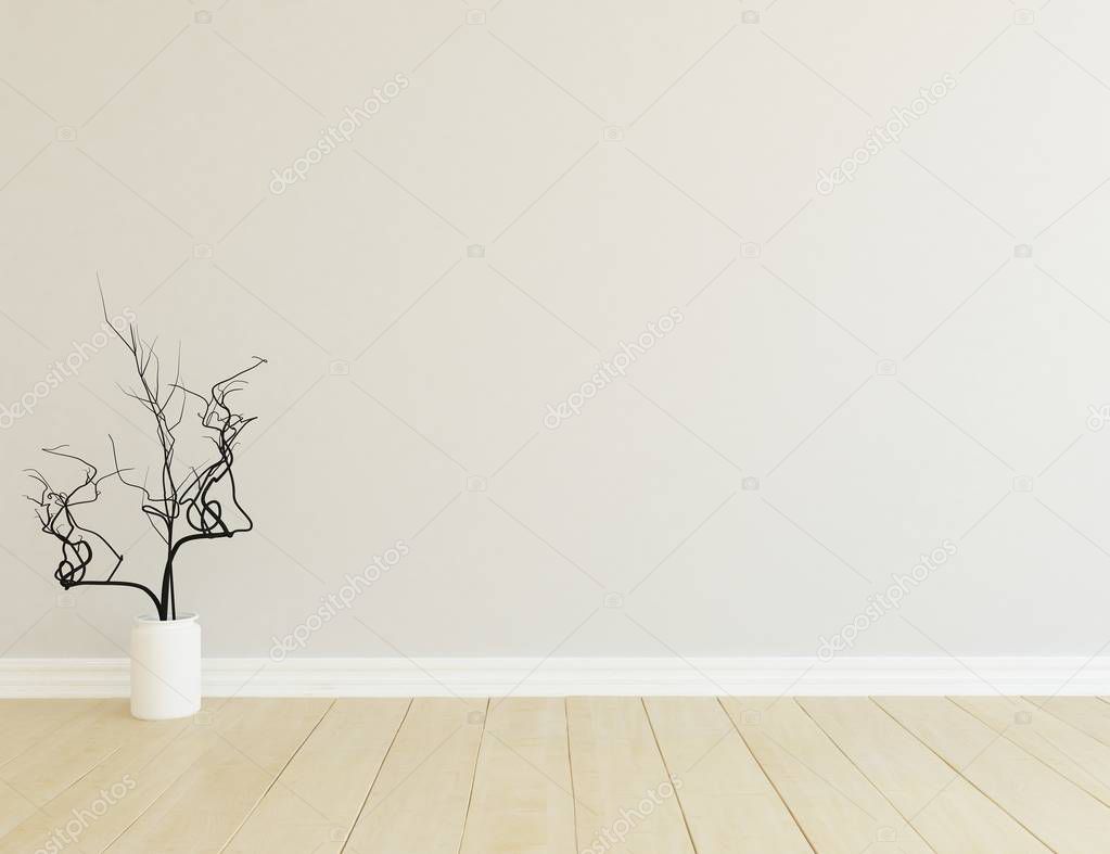 Idea of empty scandinavian room interior with plant on wooden floor  . Home nordic interior. 3D illustration - Illustration