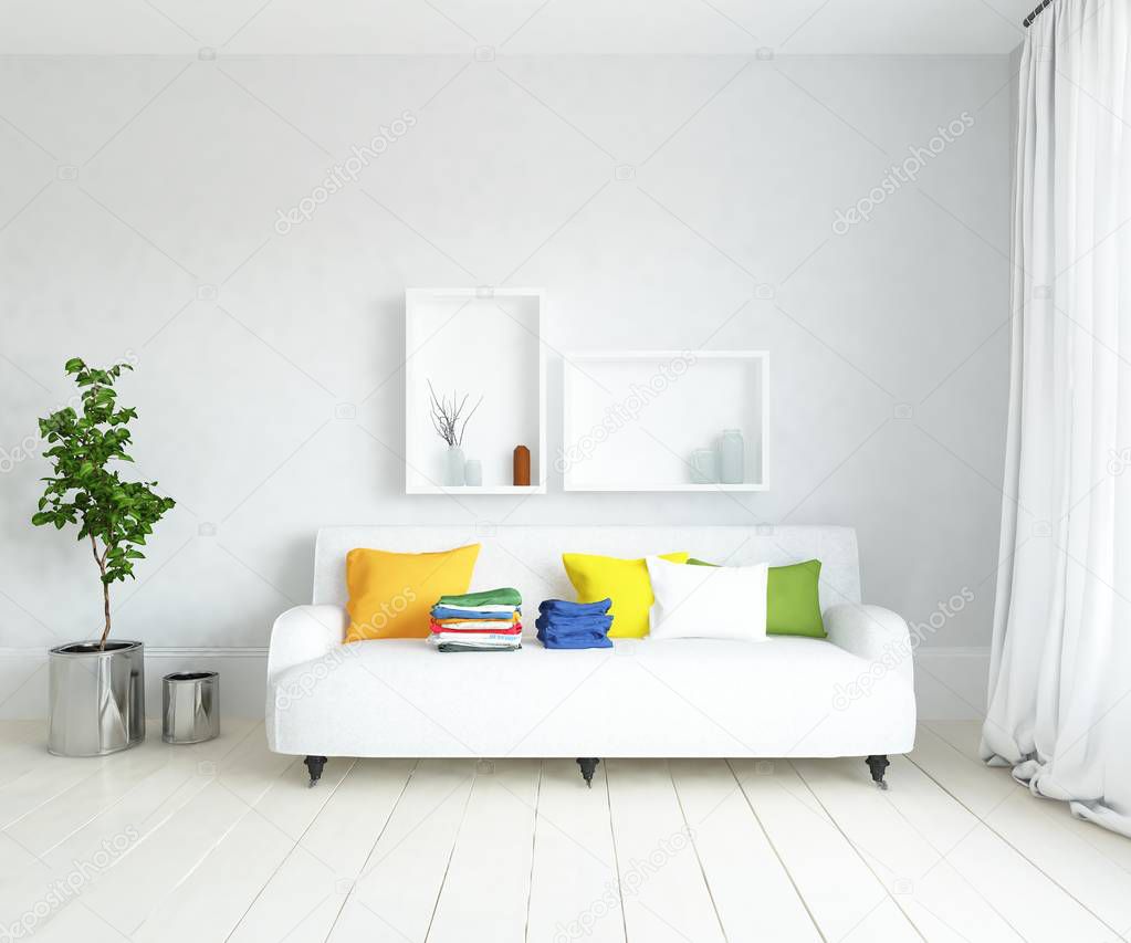 Idea of scandinavian living room interior with sofa ,plant and wooden floor  . Home nordic interior. 3D illustration 