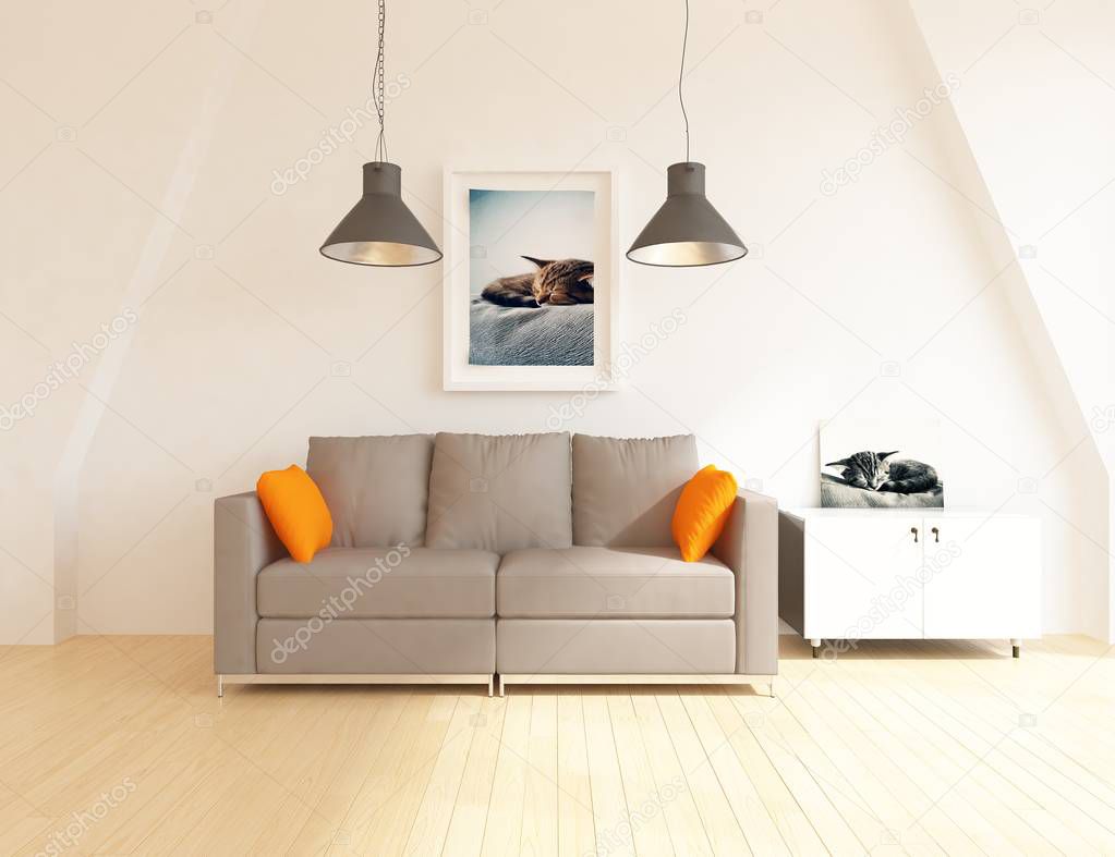 Idea of a scandinavian living room interior with sofa on wooden floor and pictures on the large wall. Home nordic interior. 3D illustration 