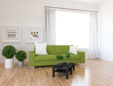 İskandinav oturma odası iç kanepe, bitkiler ve ahşap zemin ile fikir. Ev nordic iç. 3D çizim 