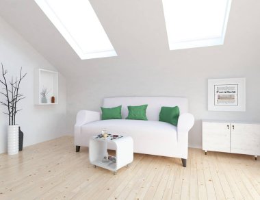 İskandinav oturma odası iç kanepe, bitki ve ahşap zemin ile fikir. Ev nordic iç. 3D çizim 