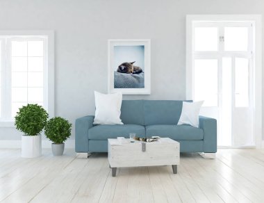 İskandinav oturma odası iç kanepe, bitkiler ve ahşap zemin ile fikir. Ev nordic iç. 3D çizim 