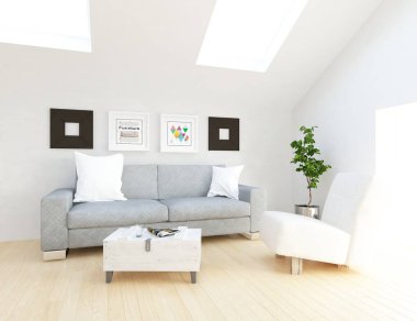 İskandinav oturma odası iç kanepe, bitki ve ahşap zemin ile fikir. Ev nordic iç. 3D çizim 