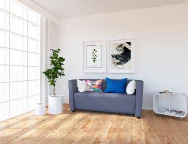 İskandinav oturma odası iç kanepe, bitki ve ahşap zemin ile fikir. Ev nordic iç. 3D çizim 