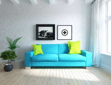 İskandinav oturma odası iç kanepe, bitkiler ve ahşap zemin ile fikir. Ev nordic iç. 3D çizim 