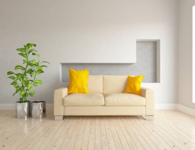 İskandinav oturma odası iç kanepe, bitki ve ahşap zemin ile fikir. Ev nordic iç. 3D çizim 