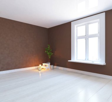 Boş İskandinav odası iç ahşap zemin ve dekor bitkiler ile fikir. Ev nordic iç. 3D çizim