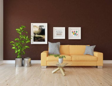 İskandinav oturma odası iç kanepe, bitkiler ve ahşap zemin ile fikir. Ev nordic iç. 3D çizim 