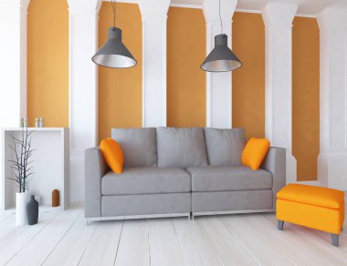 İskandinav oturma odası iç kanepe, bitki ve ahşap zemin ile fikir. Ev nordic iç. 3D çizim 