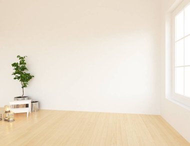 Boş İskandinav odası iç ahşap zemin ve dekor bitkiler ile fikir. Ev nordic iç. 3D çizim